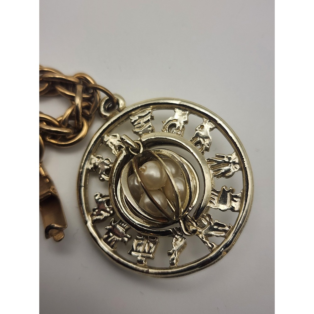 Vintage Gold Tone Charm Bracelet Wishing Well Zodiac Faux Pearl Birdcage 6 1/2